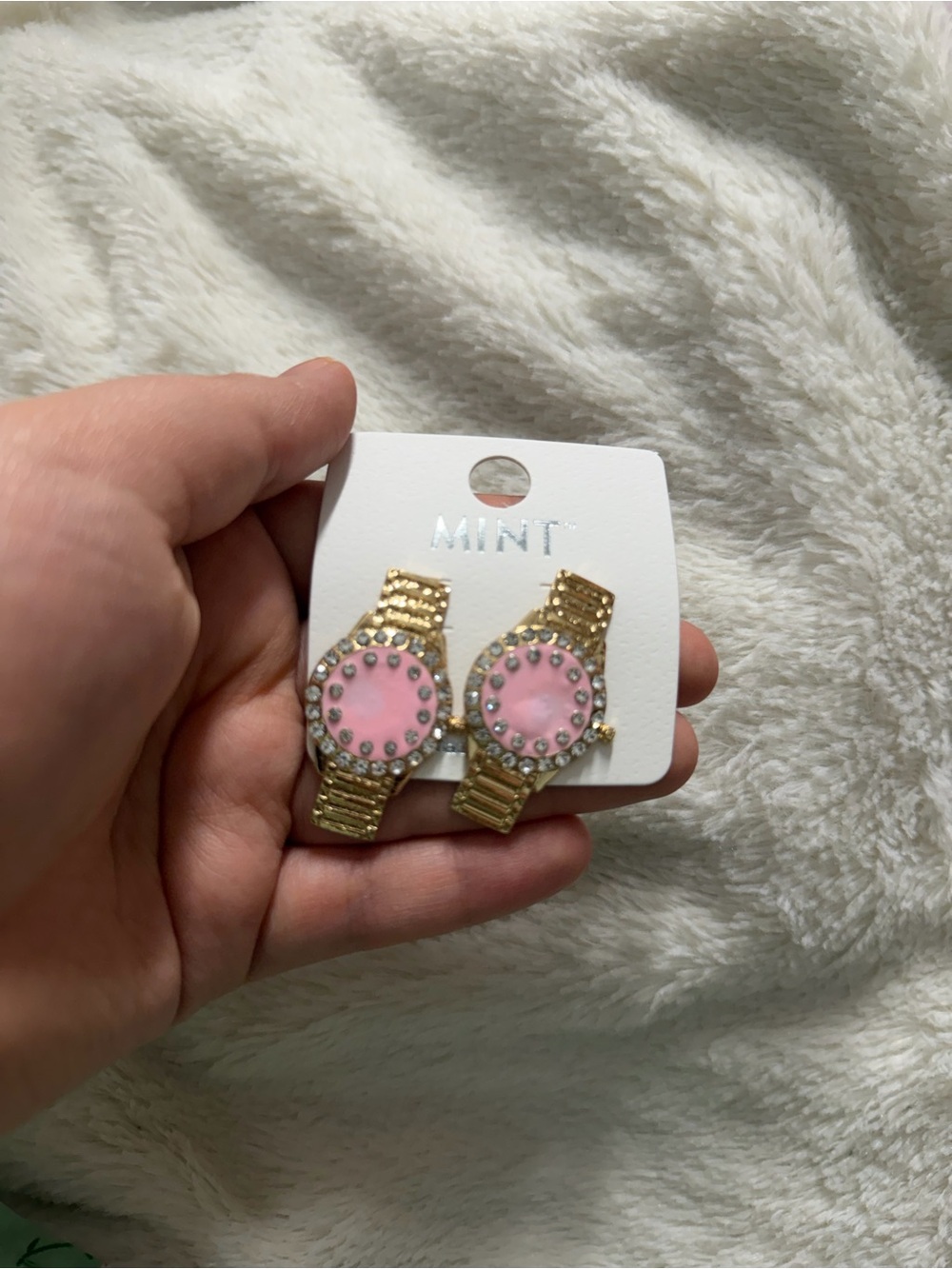 Mint Gold-Tone Watch Earrings with Pink Centers